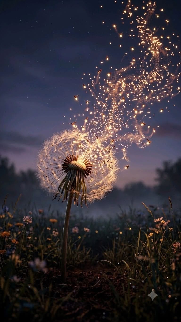 Glowing dandelion seeds dispersing into a twilight sky
